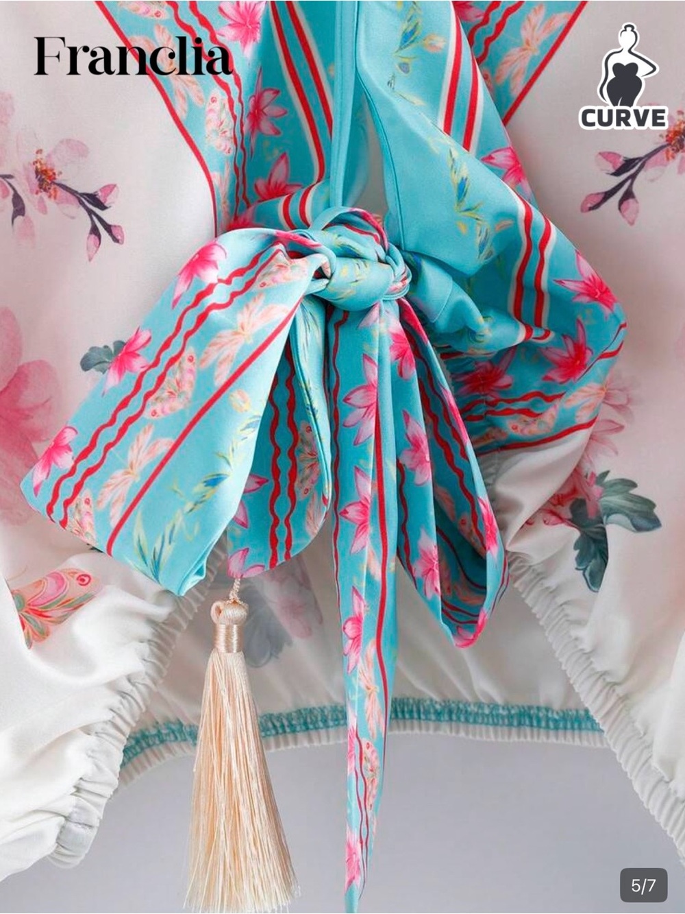 SHEIN, Ladies, White Floral Tie-Front Kimono Blouse with Turquoise Trim XL NEW - Picture 5 of 9